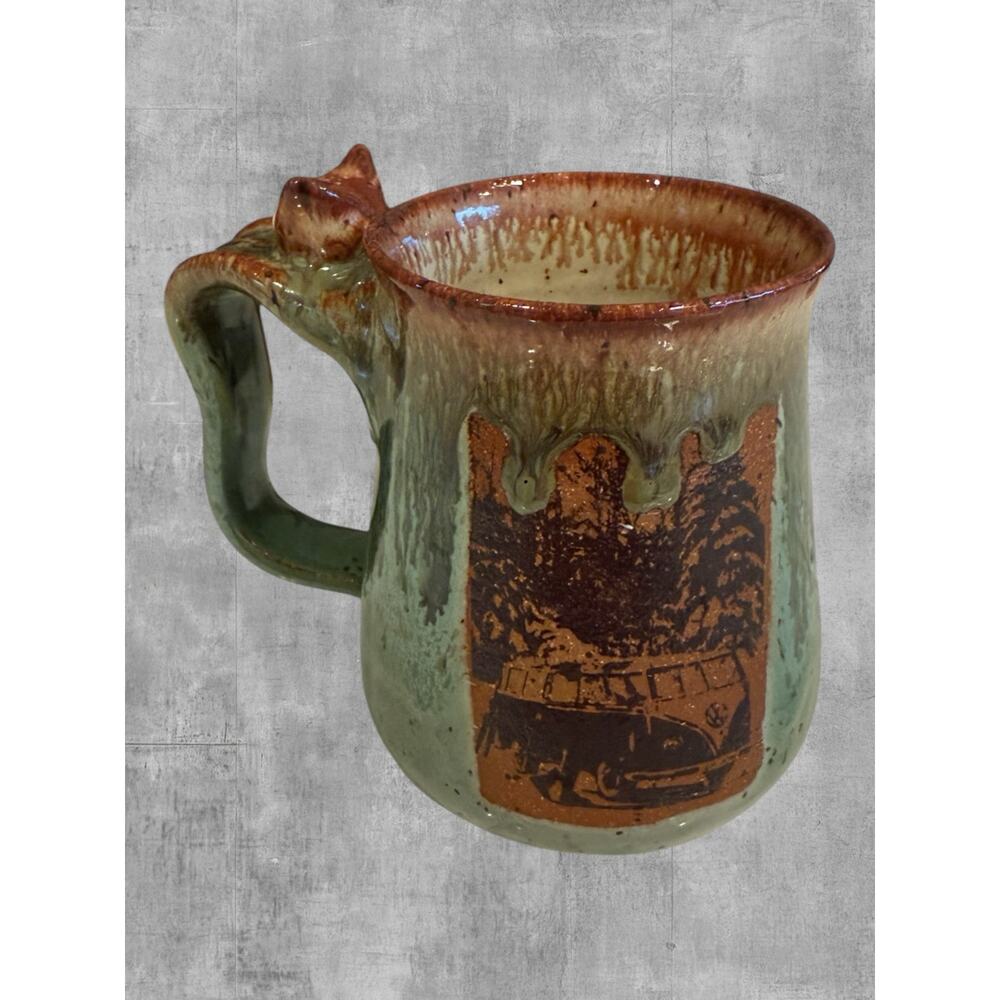 Handmade Pottery VW Bus Mug Fox Handle Artist Signed Apple Mark Speckled Green
